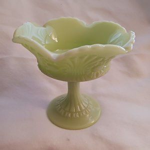 Excellent Condition Vintage Fenton Satin Green Scroll and Eye Jelly Compote